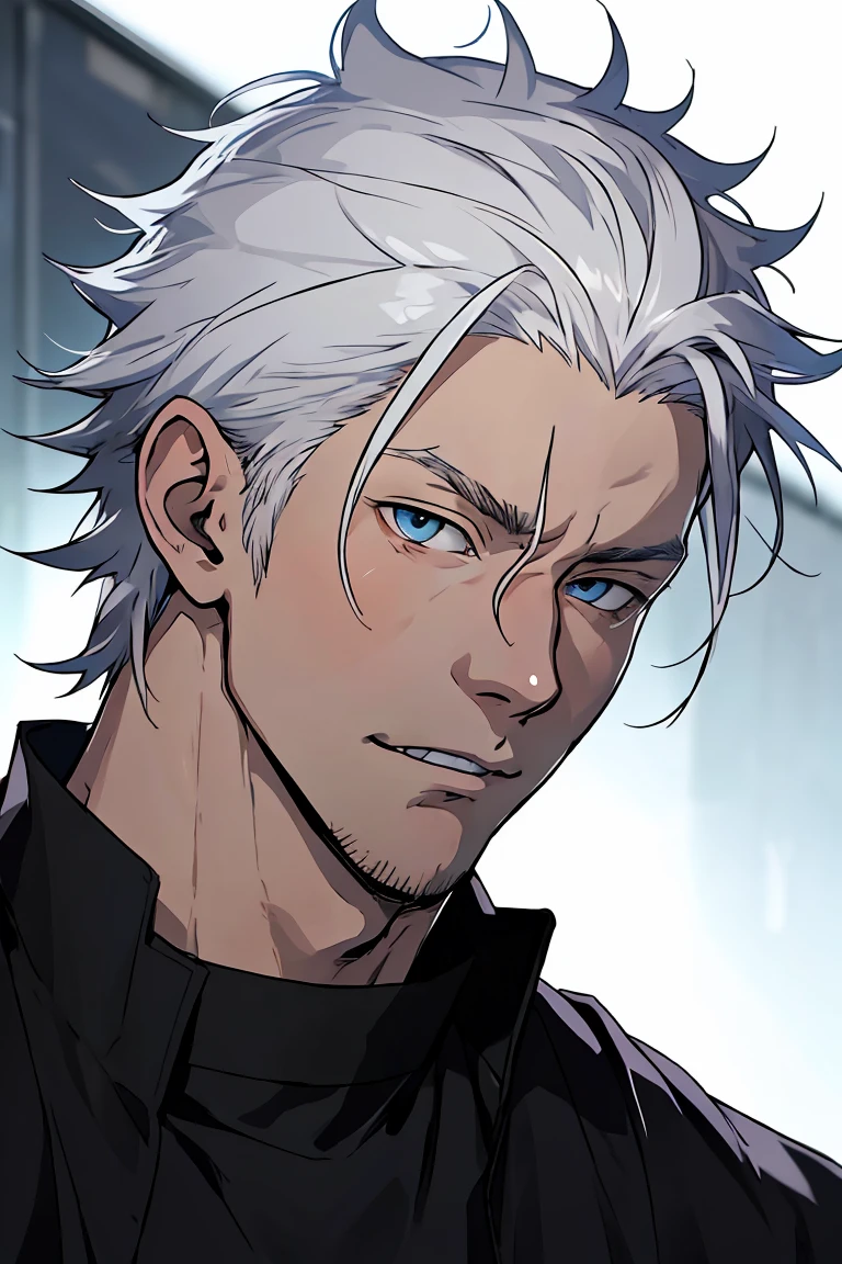 handsome male, he has white hair, almost always disheveled, and always combed up,hair tip of the character Satoru Gojo from the anime Jujutso Kaisen, but there&#39;s a certain look to him. He's tall, with broad shoulders, brawny. His face is very masculine, but he has really kind eyes. Extremely attractive crystal blue eyes,scoundrel face, lying on a bed,  The eyelashes as well as the hair and eyebrow are white as snow,but without exaggerating. large bulge. just with boxer shorts  . don't wear any shirt ,a very attractive man.