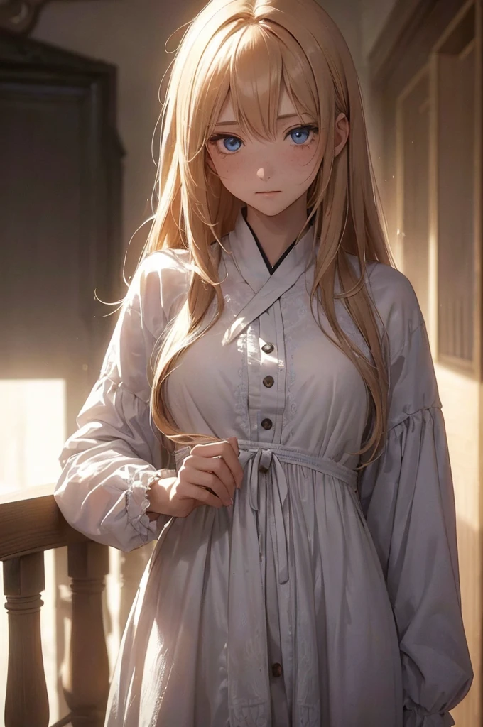 ((1 Female, 1 person, Solitary) Alice,  Humanity, Long curly blond hair, blue eyes, freckle, teenager, 18 years, Rebirth_ongoing) (Main Part, Super detailed, 8K, (HD, Sunlight:0.5, Soft_shadow:0.5, atmosphere_light, 8K, 4K, Surrealism, elegant, ((((Appearance)))), Soft Ton, 柔和的light))(((Dark, Chiaroscuro)))