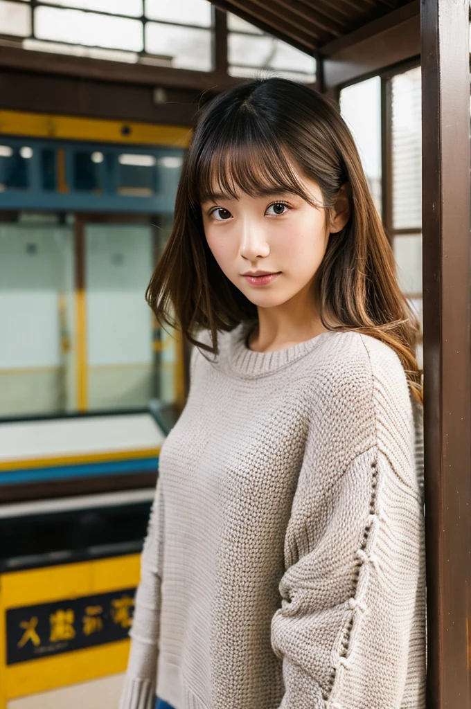 ((Highest quality)), ((masterpiece)), (detailed), Japanese,Beauty,station,sweater