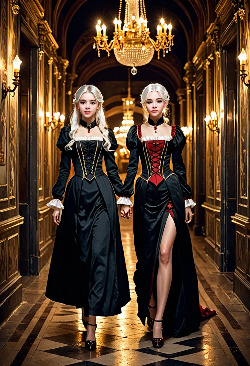 Images of two teenage twins with white hair walking in heels in a castle at night, dark evening, Well-detailed dress border with a mix of Victorian and Roman clothing. Their skin is clear, the dresses having white colors, red and gold. The salon being luxurious, darker. Framing like a manga. Relaxed position. Long corridor. Chandeliers and candles. The twins would be in a relaxed pose. The two would be running hand in hand in a fun pose., leaning on each other while smiling.
ultra realistic pictures.