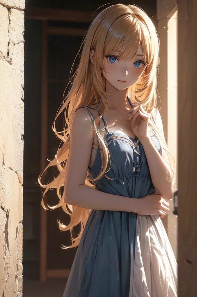 ((1 Female, 1 person, Solitary) Alice, Humanity, Long curly blond hair, blue eyes, freckle, teenager, 18 years, Rebirth_ongoing) (Main Part, Super detailed, 8K, (HD, Sunlight:0.5, Soft_shadow:0.5, atmosphere_light, 8K, 4K, Surrealism, elegant, ((((Appearance)))), Soft Ton, 柔和的light))(((Dark, Chiaroscuro)))