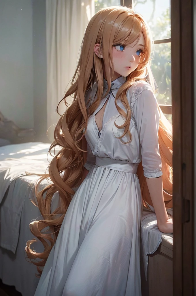 ((1 Female, 1 person, Solitary) Alice, Humanity, Long curly blond hair, blue eyes, freckle, ager, 18 years, Rebirth_ongoing) (Main Part, Super detailed, 8K, (HD, Sunlight:0.5, Soft_shadow:0.5, atmosphere_light, 8K, 4K, Surrealism, elegant, ((((Appearance)))), Soft Ton, 柔和的light))(((Dark, Chiaroscuro)))