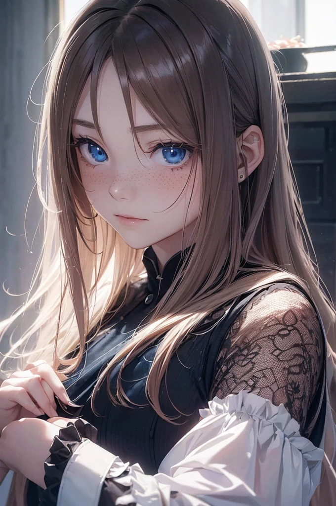 ((1 Female, 1 person, Solitary) Alice, Humanity, Long curly blond hair, blue eyes, freckle, teenager, 18 years, Rebirth_ongoing) (Main Part, Super detailed, 8K, (HD, Sunlight:0.5, Soft_shadow:0.5, atmosphere_light, 8K, 4K, Surrealism, elegant, ((((Appearance)))), Soft Ton, 柔和的light))(((Dark, Chiaroscuro)))