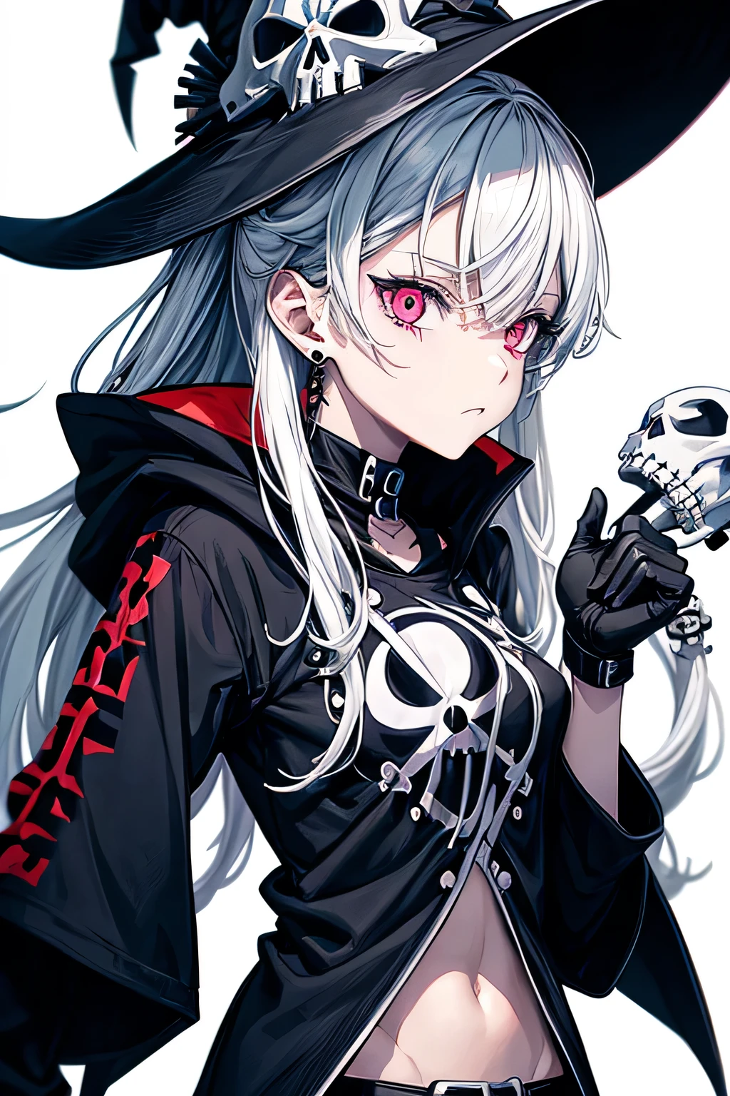 Anime Witch Design, Crossbones, skull, Streetwear-Design, Pro-Vector, Horror-Stil, Complete design, Only 6 colors, solid colors, no shadows, Complete design, sticker, bright colors, White background.