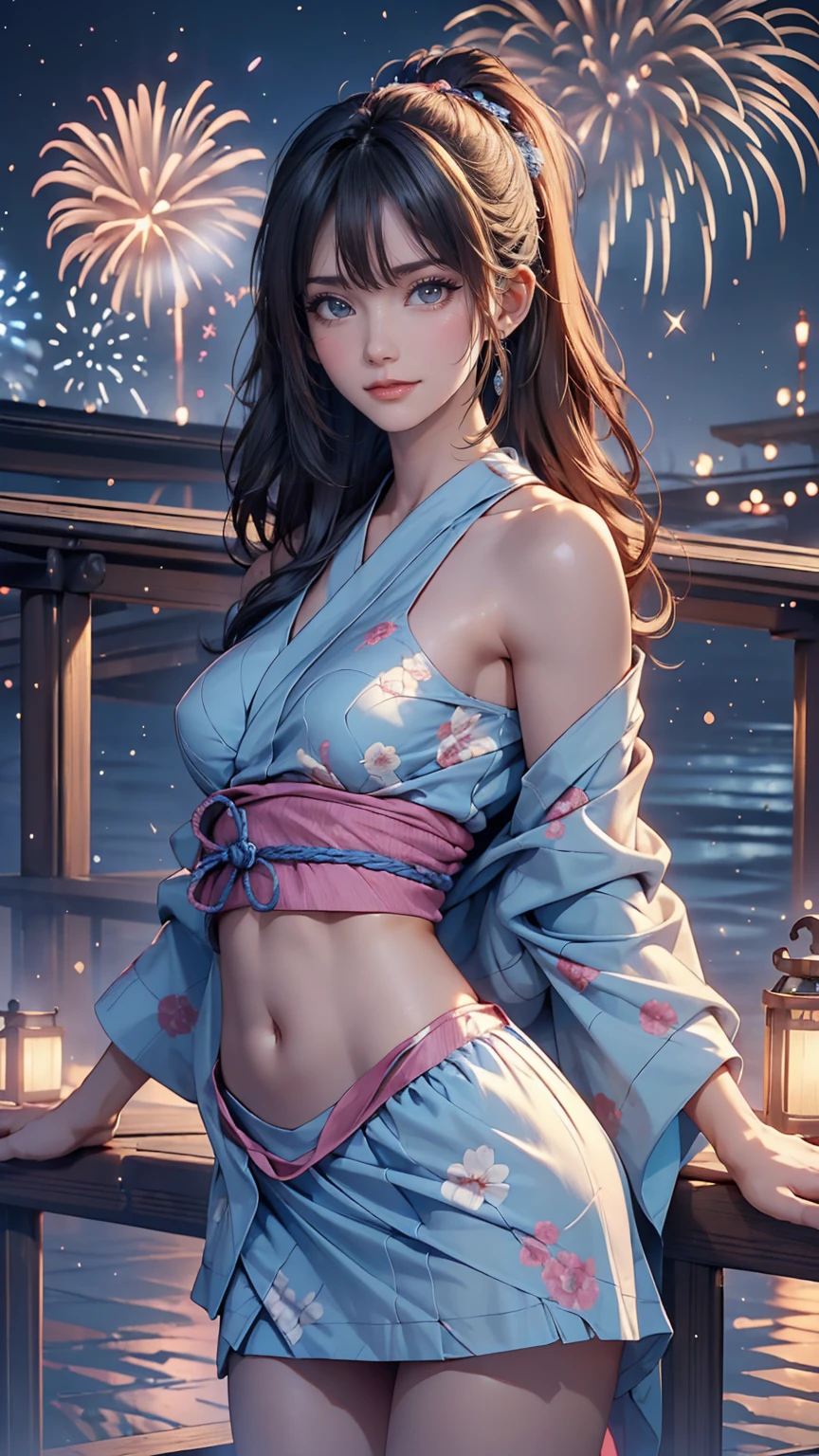 ((masterpiece, Highest quality, Super Definition, High resolution)), alone, beautiful girl, Shining Eyes, Perfect Eyes, 16 years old, Blue Theme, yukata, firework、Sexy proportions、Narrow waist、Delicate limbs、Sexy