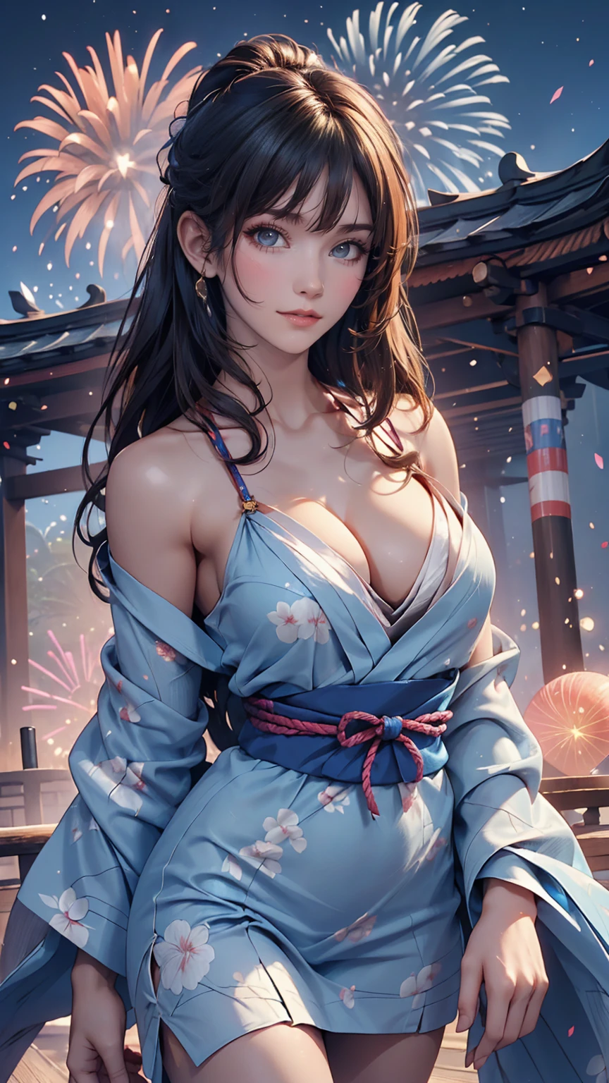 ((masterpiece, Highest quality, Super Definition, High resolution)), alone, beautiful girl, Shining Eyes, Perfect Eyes, , Blue Theme, yukata, firework、Sexy proportions、Narrow waist、Delicate limbs、Sexy