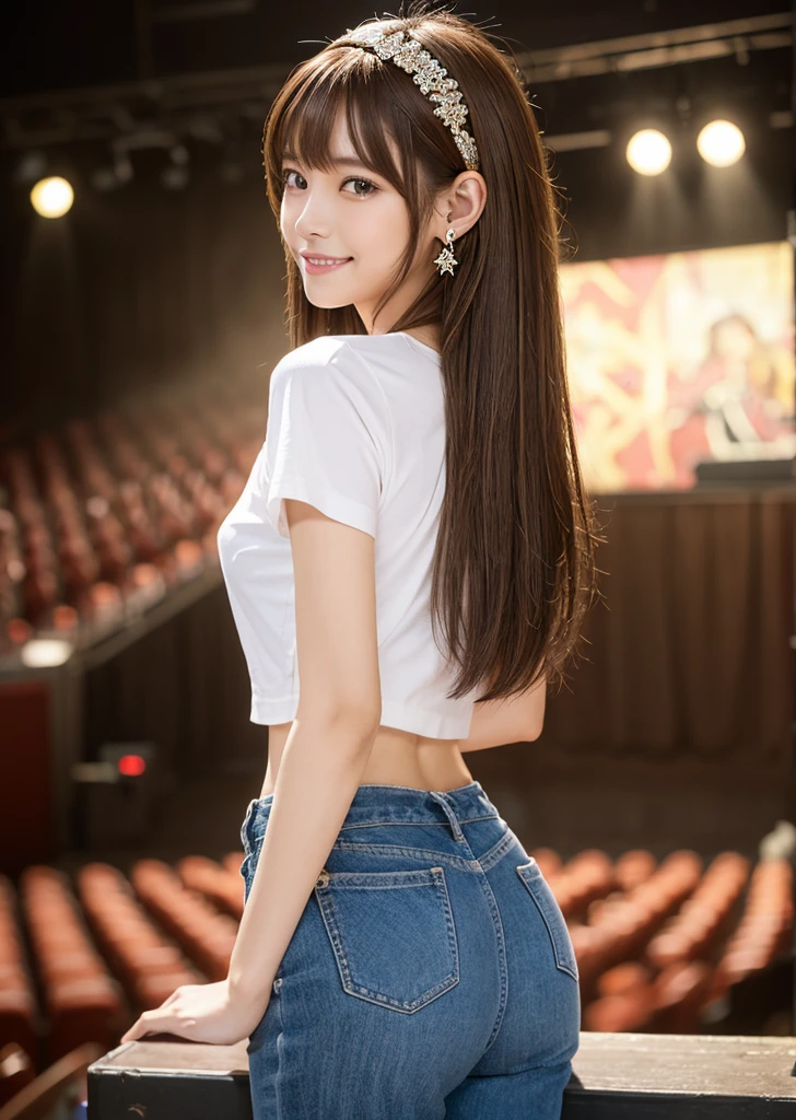 profile、Turned around、Butt,Flat Chest、(Slim body）、((Slim body))、Long Hair,Straight Bangs,Embarrassing,masterpiece,diamond、Earrings,background of fantasy,(((Brown Hair)))、 hair ornaments,Headband,Brown Hair, White T-shirt、hot pants、Facing forward、smile、Perfect lighting, Extremely detailed CG, (Perfect hands, Perfect Anatomy),Concert Venues、live house、stage、Cowboy Shot、