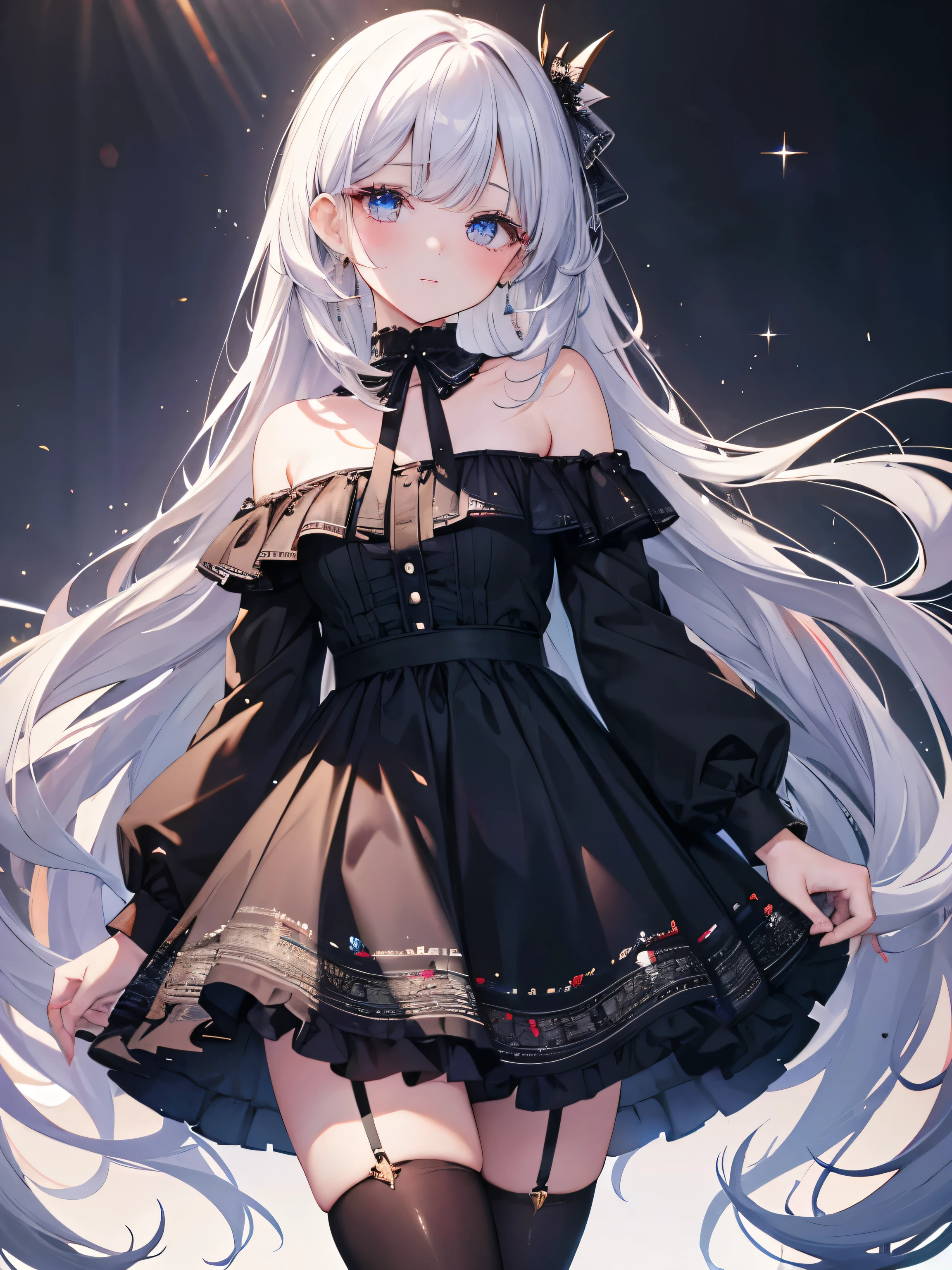 masterpiece, highest quality, High resolution, SA1, Plaid off-shoulder dress, black stockings, Sparkly eyes, false eyelashes,
