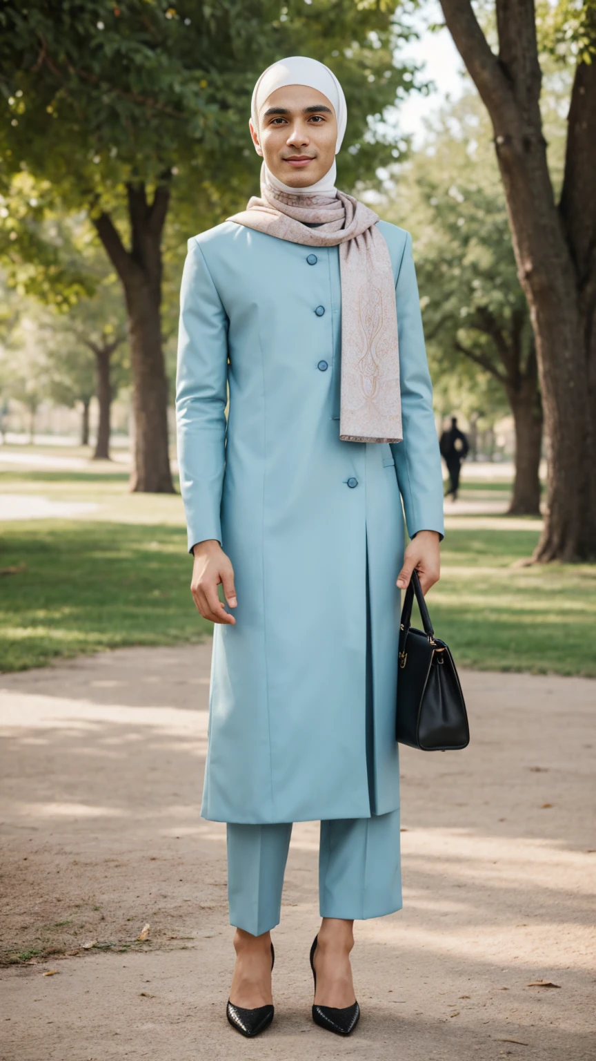 A thin and delicate man with detailed masculine face features and cute face wearing a perfect hijab, no hair seen, Muslim women dress, heels, and holding a hand bag. He is standing in the park with cute expression and pose.