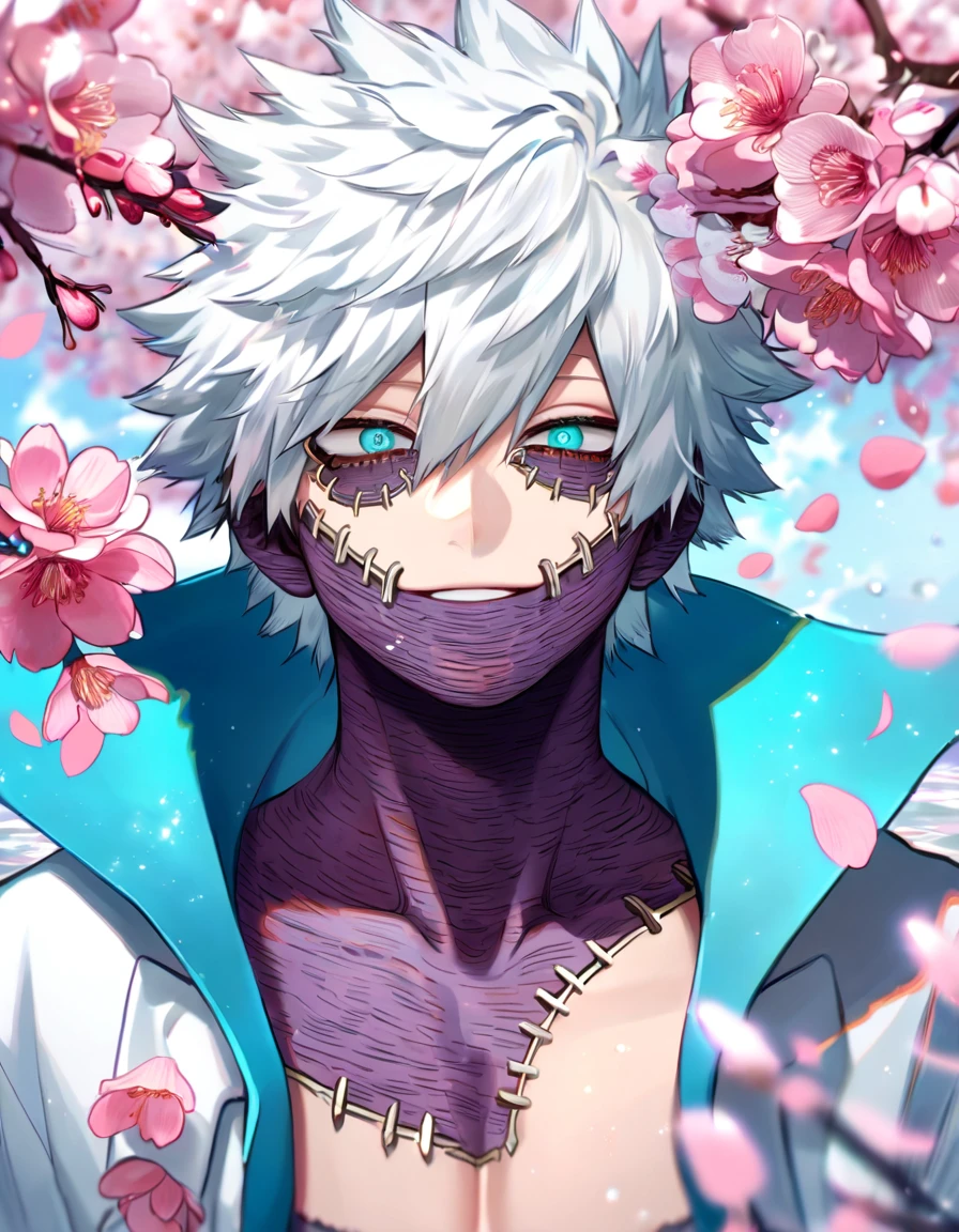 absurdres, highres, ultra detailed, HDR, master piece, Dabi, white hair, expressive turquoise eyes, white coat with high collar, Boku No Hero Academia, sexy man, handsome, best quality, blossoms, pink petals, pink flowers, water, fantasy, magical, blue shining fireflies, solo,