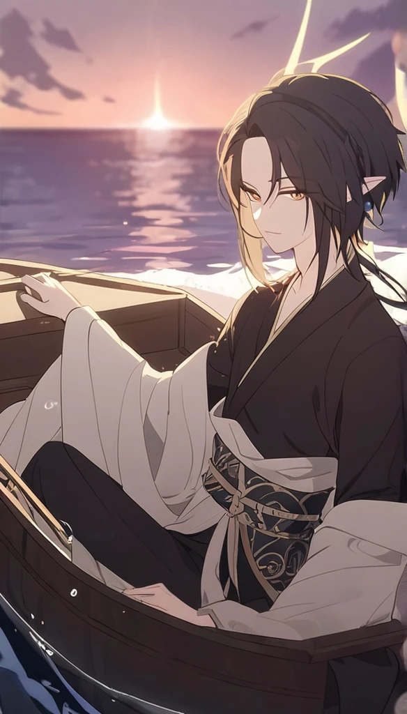 1boy, elven ears, sea god, wet black hair, cute short hairstyle, glowing brown eyes, sea, sat in boat, elegant thai clothes,