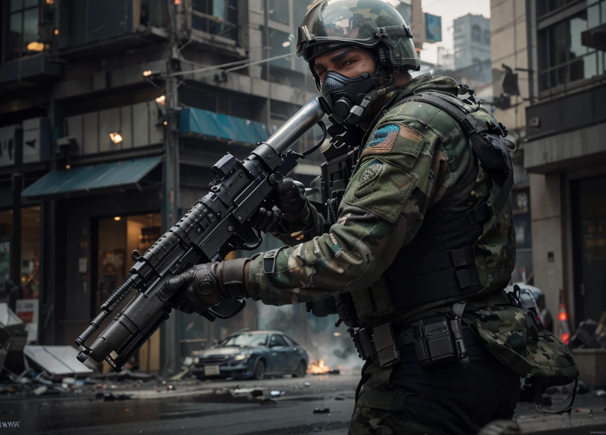 Modern soldier, pilot helmet with blue glass and air mask with tubes, Belt with ammunition, military uniform with green camouflage with blue details metal plates, metal shoulder pads, gloves, heavy bulletproof vest, pipes, Cables, Modern weapon Cyborg style, it is in a completely destroyed city on fire, dark colors Explosions, smoke, debris, Ultra detailed, Hyper realistic, 4k, Ultra detailed image, realistic, Highly detailed, perfect composition, beautiful intricately detailed incredibly detailed, 8K fine art photography, hyper detailed, Masterpiece
