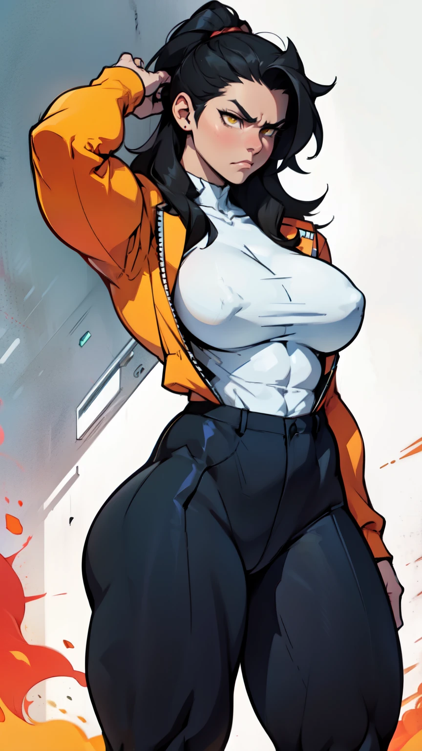 girl muscles large breasts black hair yellow eyes disappointed disdain disgusted annoyed