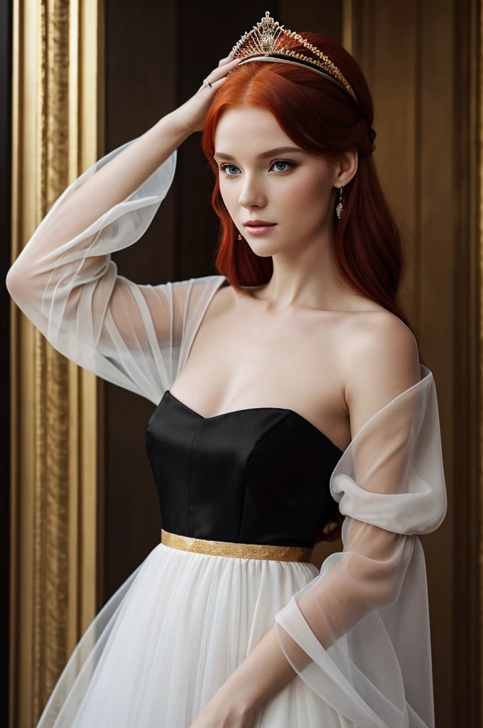 A white-skinned woman , grey eyes , red hair that falls loose down her back , His features are sharp and beautiful , she wears a black dress with gold details , Its sleeves are made of a transparent and loose white fabric. , On her head there is a ruby tiara 