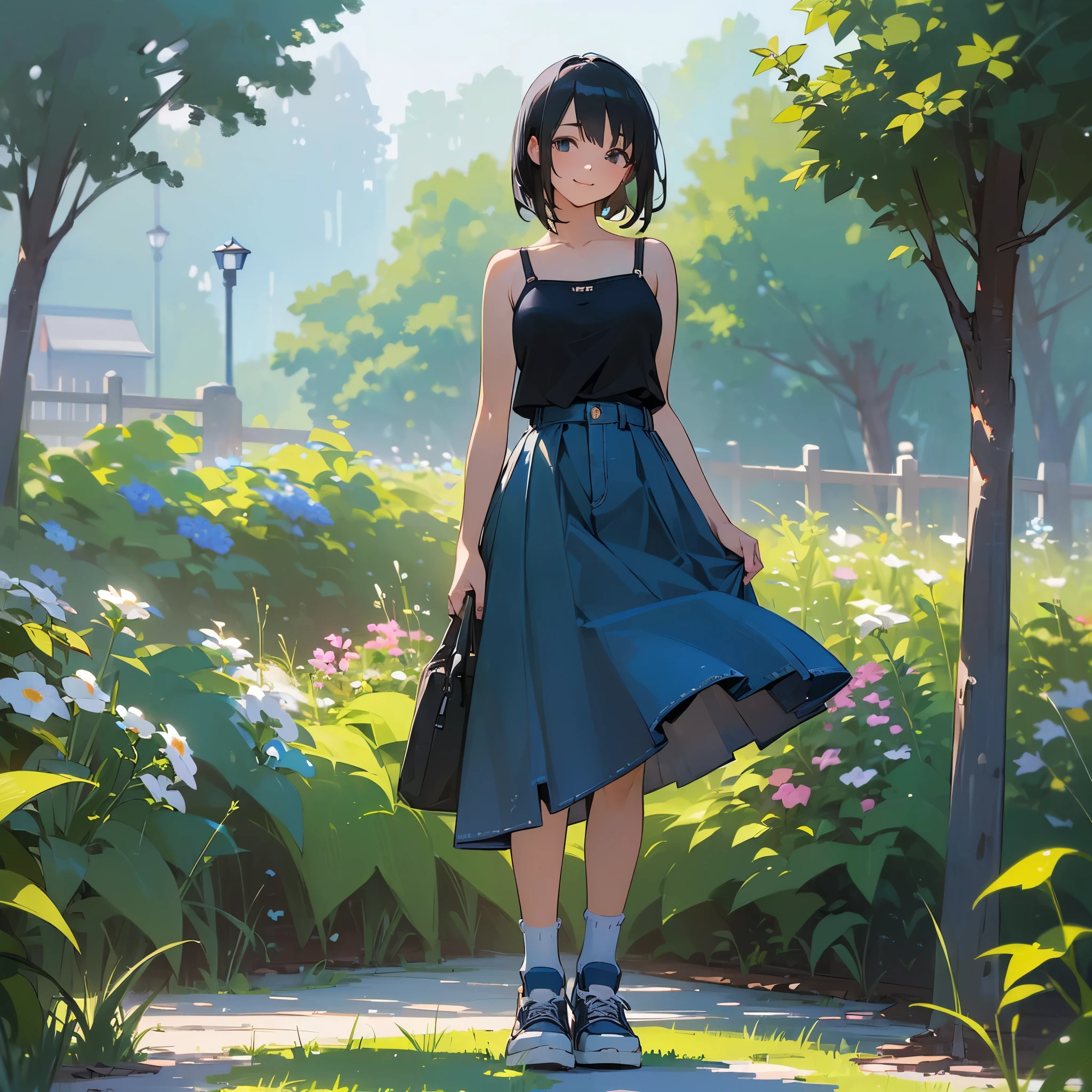 (high quality, High resolution, Very detailed, reality:1.37), Peaceful atmosphere, (Outdoor, garden), age girl standing alone, (my brea big.), Beautiful details, Cute Smile, (Black bob hair), camisole, Denim skirt, Blue socks, sneakers.