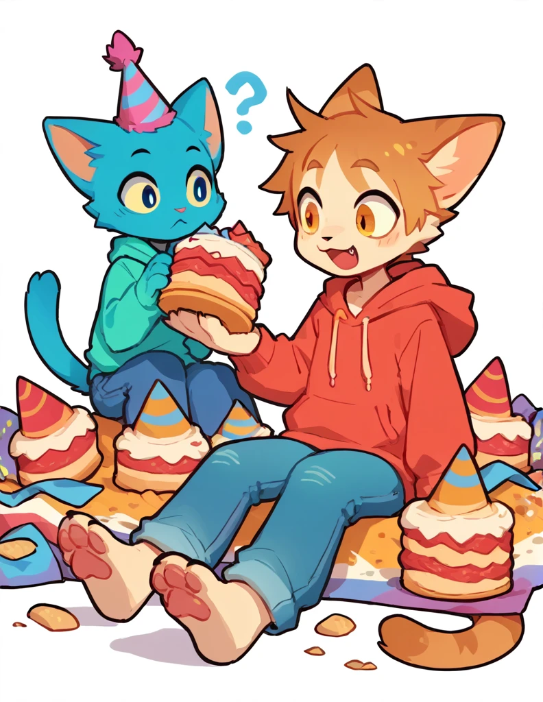 The Q version of the cute furry cat, holding a birthday cake, sitting, surprise expression, happy, ?, cute, pointy hair, male cat, party hat, hoodie, jeans, beans, white background 