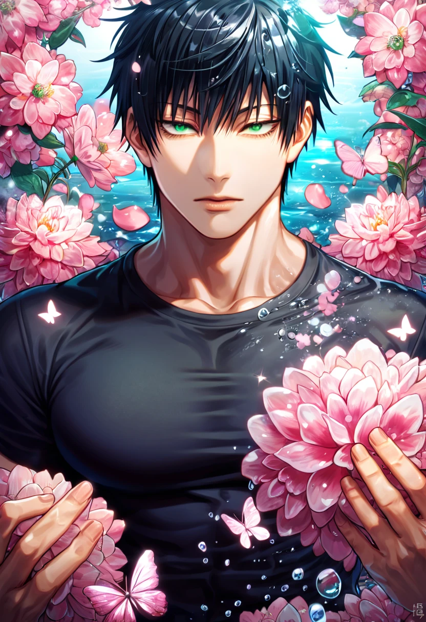 absurdres, highres, ultra detailed, HDR, master piece, best quality, Fushiguro Touji, straight black hair, expressive green eyes, Jujutsu Kaisen, solo, sexy man, handsome, black tight T-shirt, fantasy, shining, water, pink flowers, pink blossoms, pink butterflies, pink petals