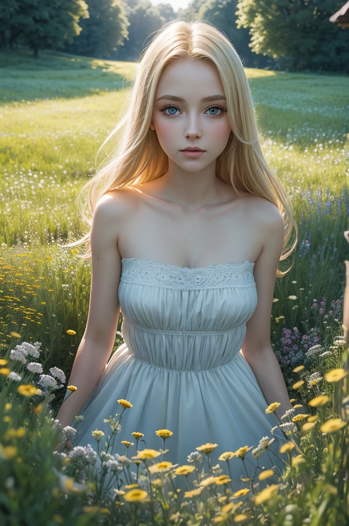 high quality шедевр, photo, detailing, blonde, big eyes, meadow with flowers flooded with light, hyperrealism, detailing, high quality, A glade of flowers,