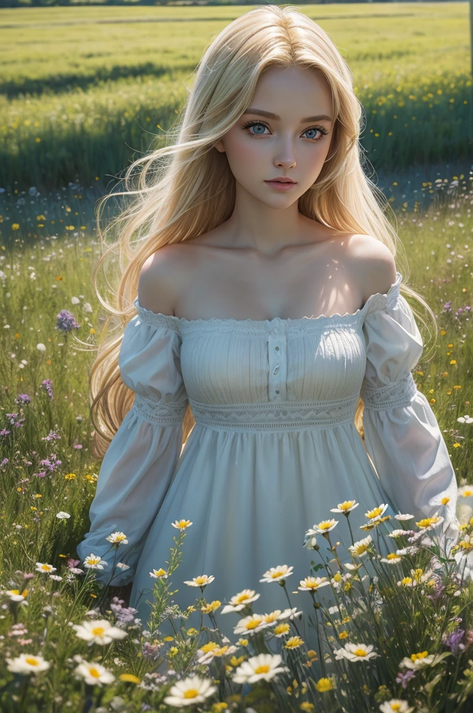 high quality шедевр, photo, detailing, blonde, big eyes, meadow with flowers flooded with light, hyperrealism, detailing, high quality, A glade of flowers,