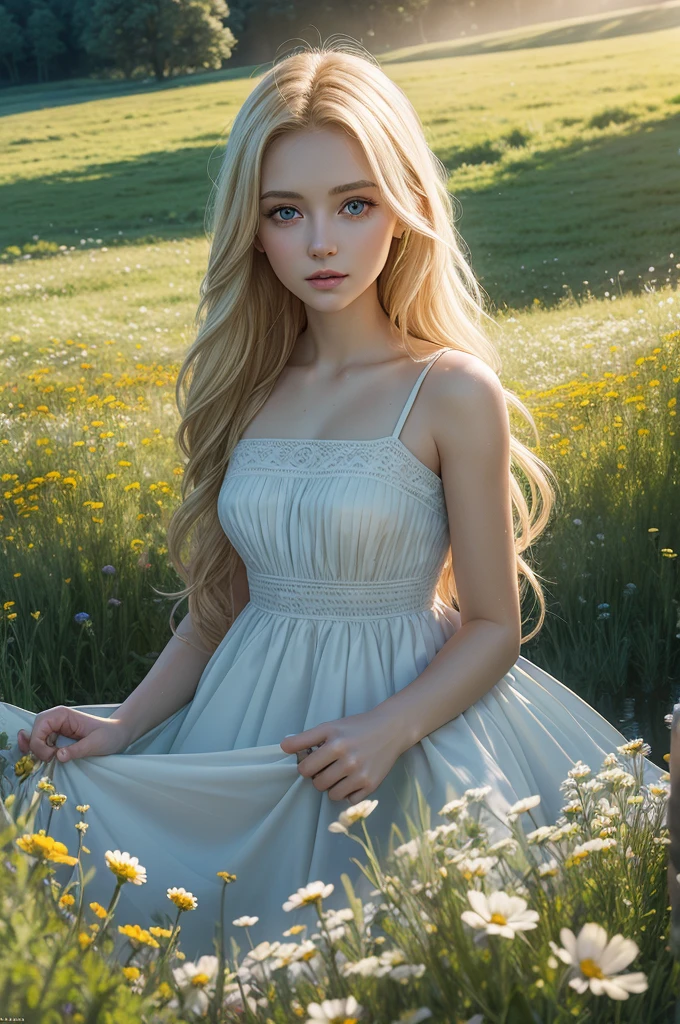 high quality шедевр, photo, detailing, blonde, big eyes, meadow with flowers flooded with light, hyperrealism, detailing, high quality, A glade of flowers,