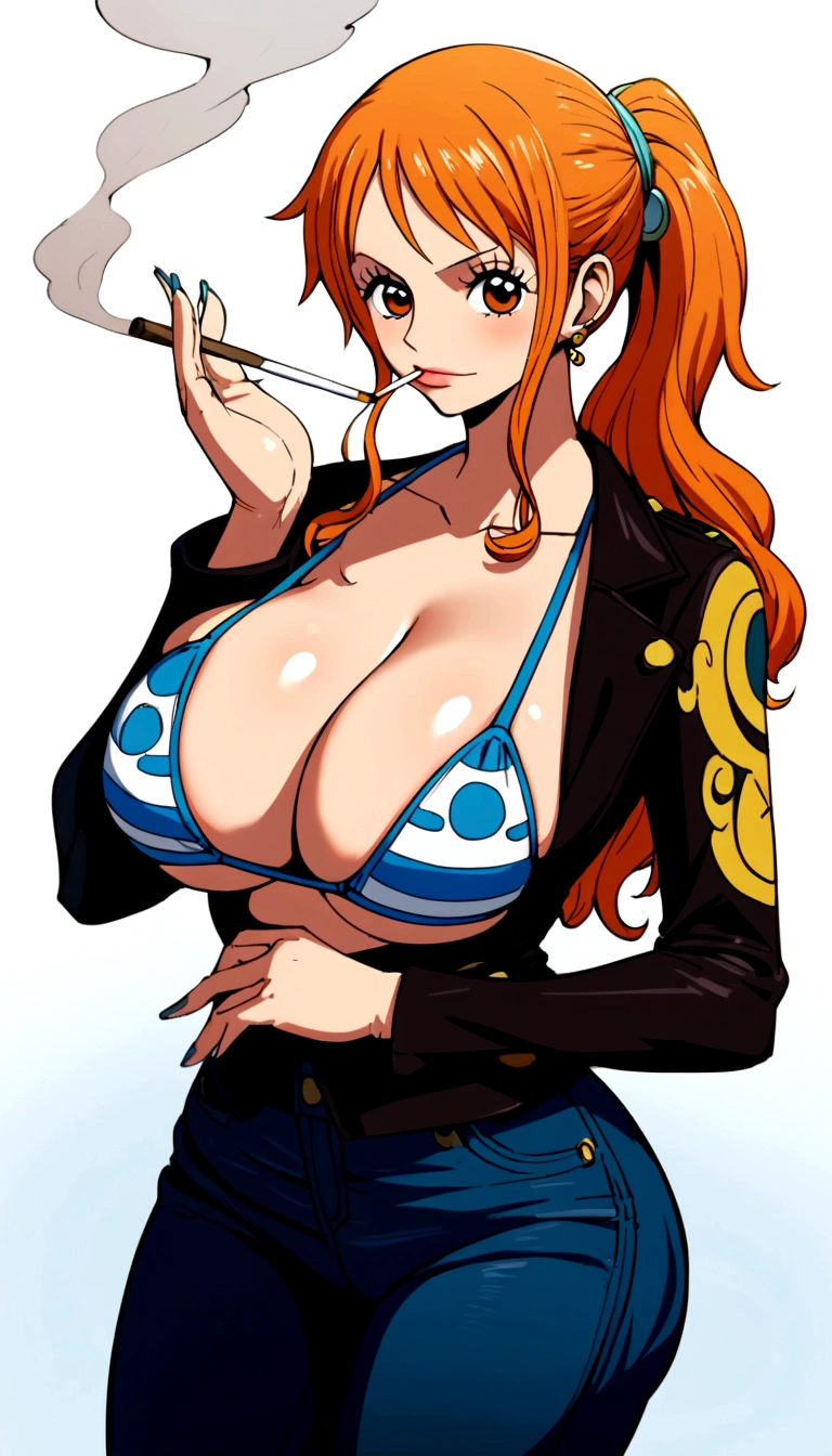 a cartoon picture of a woman in a bikini top and jeans, nami one piece, nami from one piece, nami, beautiful portrait of nami, from one piece, oppai, blue eyes, smoking, ponytail