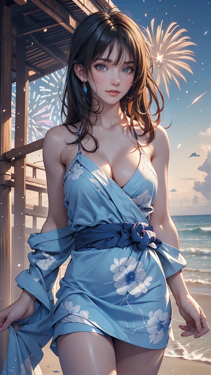 ((masterpiece, Highest quality, Super Definition, High resolution)), alone, beautiful girl, Shining Eyes, Perfect Eyes, , Blue Theme, yukata, firework、Sexy proportions、Narrow waist、Delicate limbs、Sexy、Run through the beach