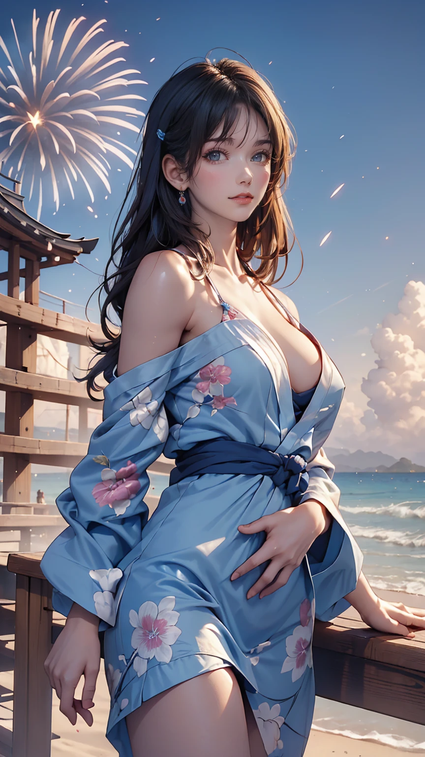 ((masterpiece, Highest quality, Super Definition, High resolution)), alone, beautiful girl, Shining Eyes, Perfect Eyes, , Blue Theme, yukata, firework、Sexy proportions、Narrow waist、Delicate limbs、Sexy、Run through the beach