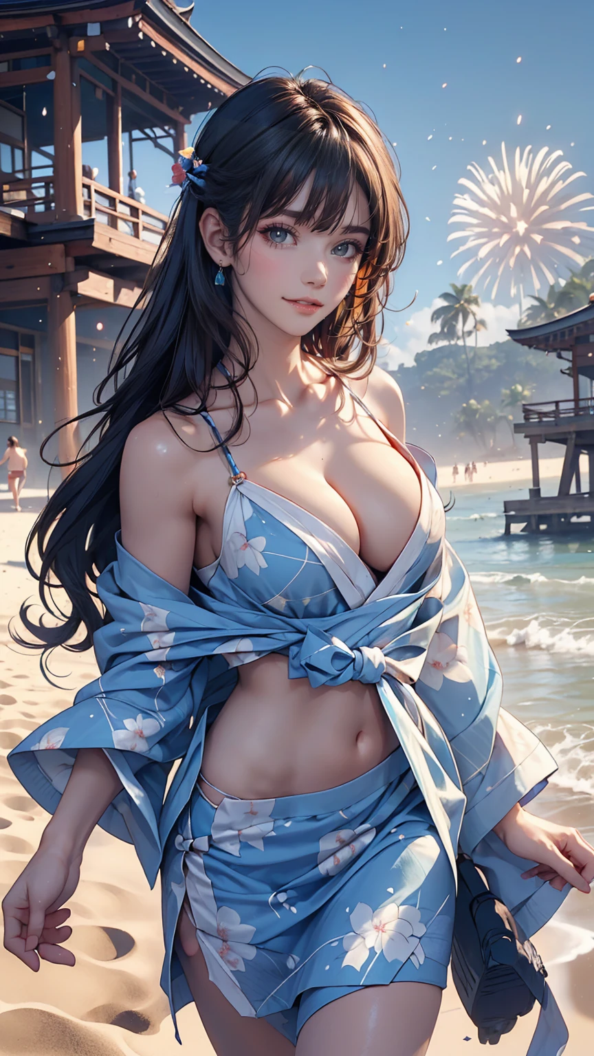 ((masterpiece, Highest quality, Super Definition, High resolution)), alone, beautiful girl, Shining Eyes, Perfect Eyes, , Blue Theme, yukata, firework、Sexy proportions、Narrow waist、Delicate limbs、Sexy、Run through the beach