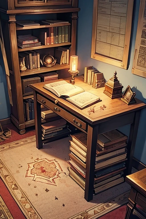 anime highest quality, wizards tower, magic orbs, books, scrolls neatly tied, map on the wall, a full desk edge to edge red woven carpet on the ground beneath the desk, short very used candles lighting the room wax dripping