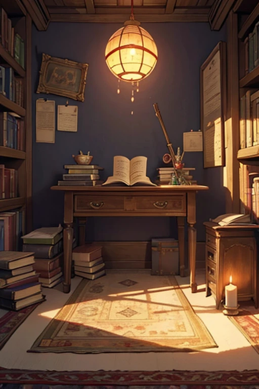 anime highest quality, wizards tower, magic orbs, books, scrolls neatly tied, map on the wall, a full desk edge to edge red woven carpet on the ground beneath the desk, short very used candles lighting the room wax dripping