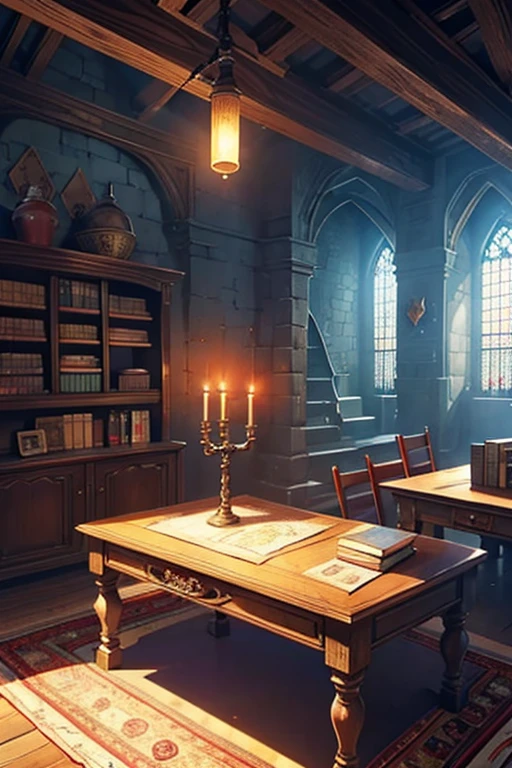 anime highest quality, wizards tower, magic orbs, books, scrolls neatly tied, map on the wall, a full desk edge to edge red woven carpet on the ground beneath the desk, short very used candles lighting the room wax dripping