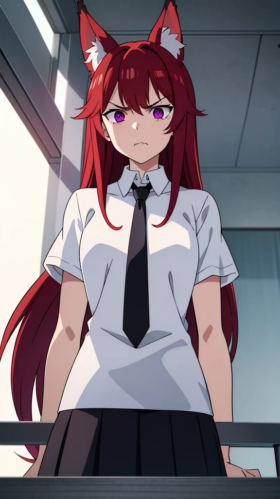Symmetrical Eyes, age late 20,1girl ,angry face,white shirt,short sleeves,(black standard tie),white school skirt,(red hair),long hair,fox ears,Shot from below,university balcony,black sclera, purple eyes, glowing eyes