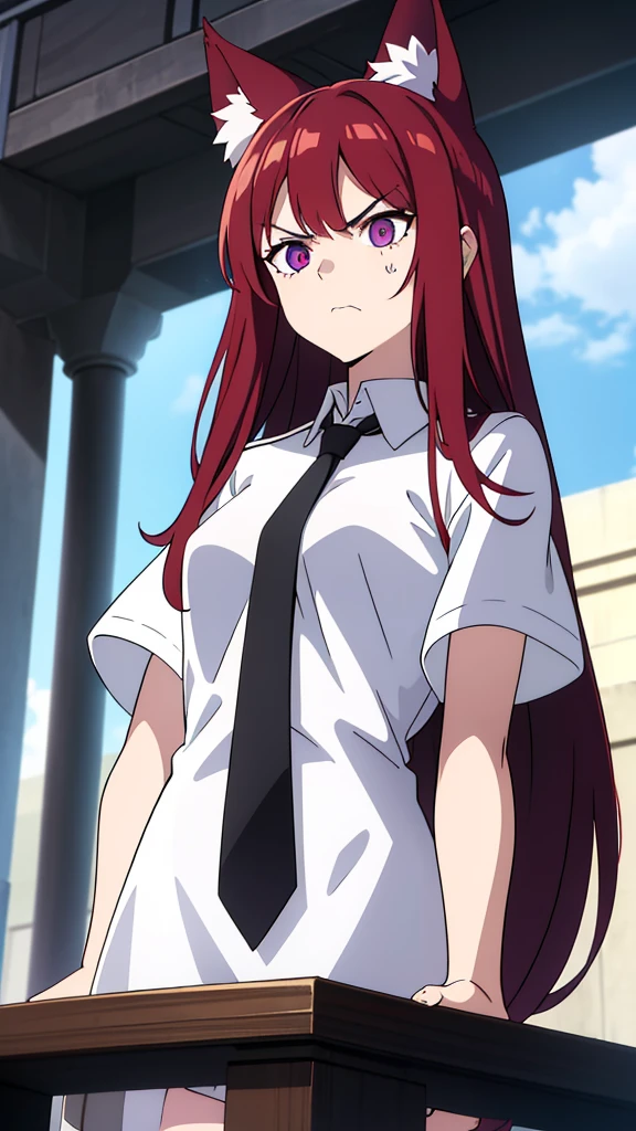 Symmetrical Eyes, age late 20,1girl ,angry face,white shirt,short sleeves,(black standard tie),white school skirt,(red hair),long hair,fox ears,Shot from below,university balcony,black sclera, purple eyes, glowing eyes