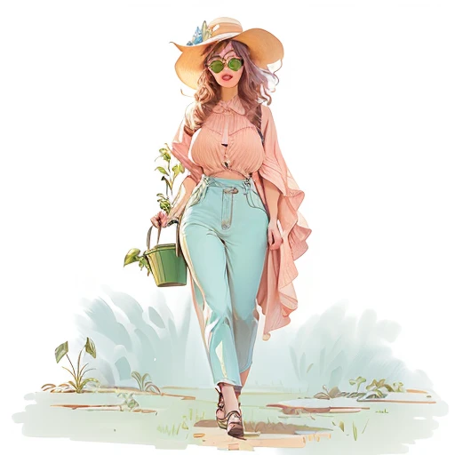 a drawing of a woman with a hat and sunglasses holding a bucket, gardening, full color illustration, digital illustration, colored illustration, full body illustration, digitally colored, drawn in the style of mark arian, colored sketch, stylized digital illustration, full body portrait of a short!, green witch walking her garden, she is the center of the garden, digital illustration -