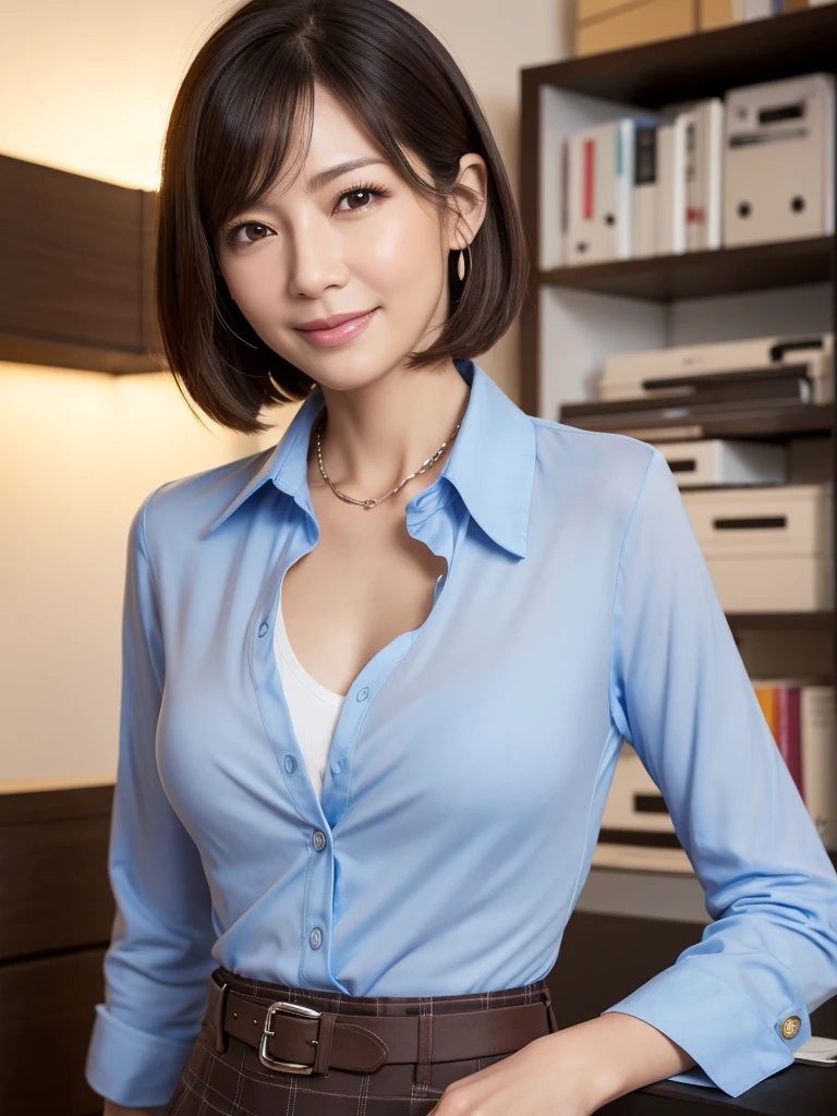 最high quality, 8K, Vibrant, Sharp focus, high quality, High resolution, (Middle-aged women), (49 years old), (Wrinkles around the eyes), (wrinkles around the mouth), (whole body), (Very slim and delicate body), High heels, Highly detailed eyes, Thick lips, Plump face, Shirt with buttons and collar, Long skirt, Short Hair, A kind smile, ((Flat chest:1.2)), Leaning forward, office