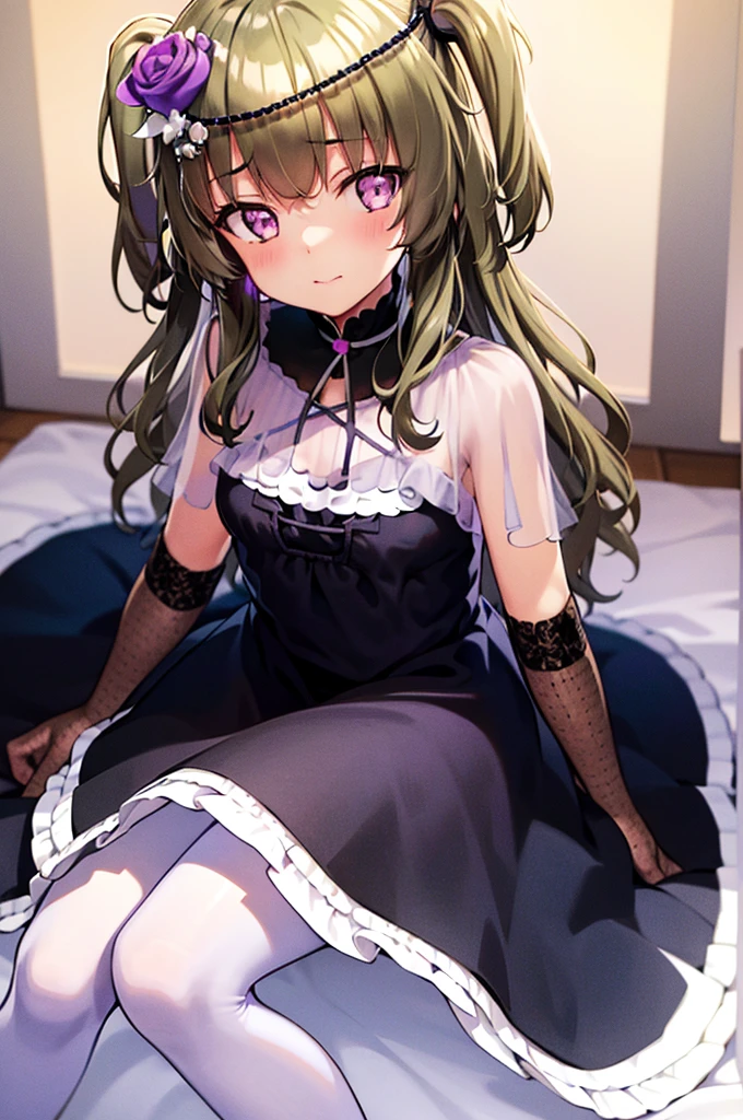 Himari Mei, masterpiece, loli, cute, detailed sparkling and brilliant purple eyes, flat chest, black dress, head tilt, sitting, in princess style bedroom, face waiting for kiss, face on focus