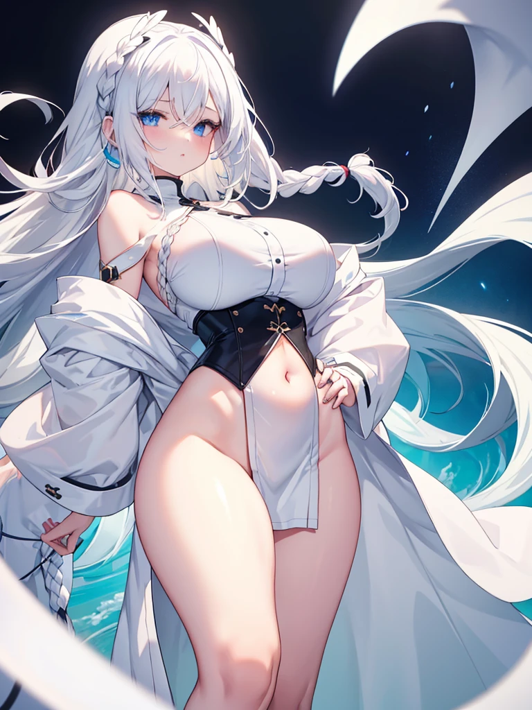 fullnude、1girl in, White hair, blue eyess, a navel, Look at viewers, put hands on the hip,  (white  shirt:1.2), Braids, Very long hair, Wide waist,
huge-breasted、Full big\(BodyProportions\),