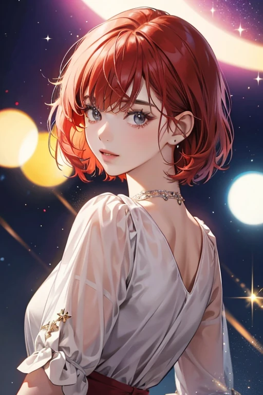 she has short, red hair with bangs that are combed over to one side. SPARKLE; GLITTER