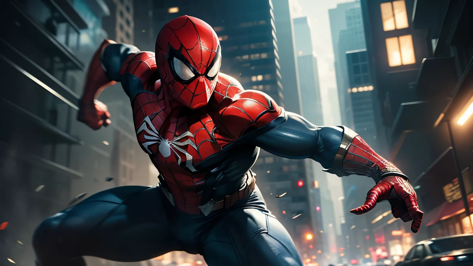 A highly detailed, cinematic photo of Spider-Man from the Playstation 4 game, fighting against criminals, extreme detailed, photorealistic, hyper-realistic, 8K, studio lighting, dynamic action pose, muscular physique, web-slinging, explosions, dark city background, gritty urban setting, moody lighting, cinematic angles, realistic textures, dramatic shadows, intense colors, comic book style