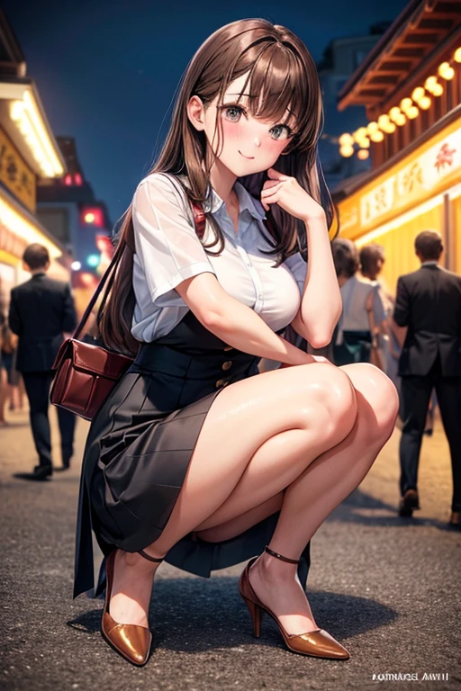 {of the highest quality], [Super beautiful], [Ultra fine], [best illustration], NSFW,Brown hair, hime cut, wide, with bangs, girl,in a suit,ol,White shirt,short sleeve,SMILE, blush, Thin women, adult women,make a pose,(public),night park,summer festival,diagonal, Bare feet and pumps, Plain black pumps