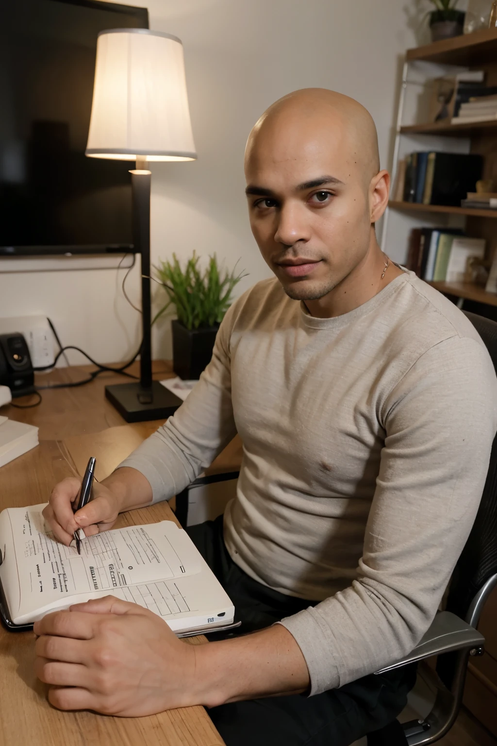 ((melhor qualidade)), ((Obra de arte)), (detalhado), Create a photorealistic, cinematic, high-resolution image of a Black man, bald, around 35 years old, sitting at an office desk in his living room, writing an article. The man has a medium brown skin tone, a friendly smile, dark eyes with well-defined eyebrows, a slightly angular jawline, and visible cheekbones. The living room should have a cozy and organized atmosphere, with elements such as a comfortable chair, bookshelves, and a lamp. The lighting should be warm and natural, highlighting the man's focused expression as he writes on a laptop or notebook, with various office supplies scattered around. Resolução 8k