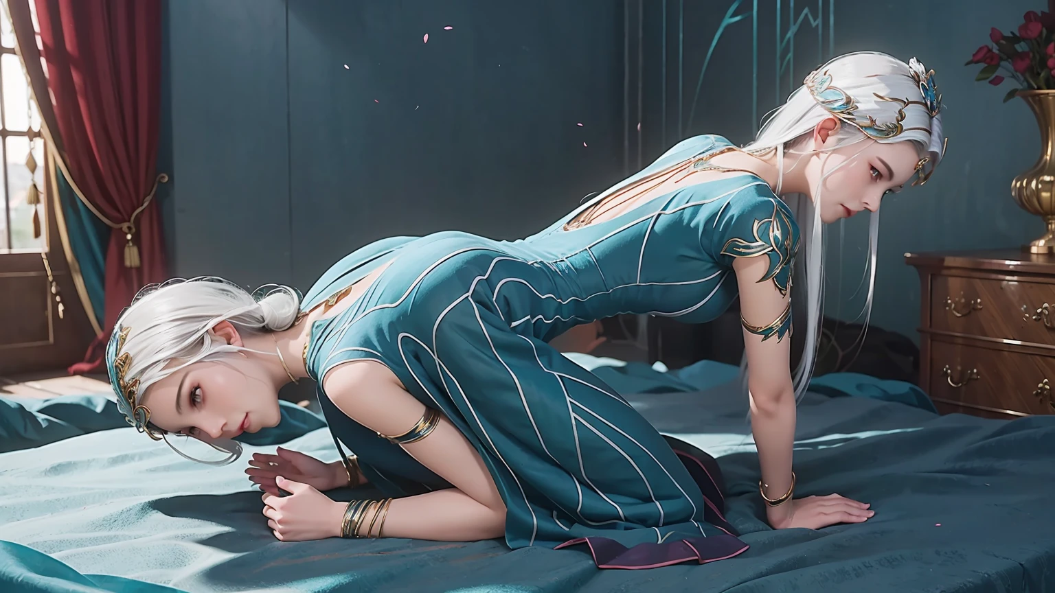 A beautiful mature woman, a masterpiece, the ultimate solution, soft, extremely vibrant colors, (a dress school uniform), lace dress, (decapitated beautiful woman), normal pose, (kneeling), kneeling on the bed, shackles, decapitation, collar, normal pose，White hair，Turquoise clothes，barefoot，Turquoise nails，whole body