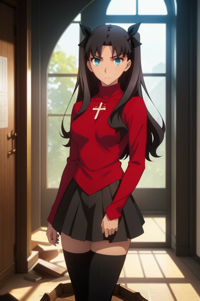 Tohsaka Rin, Volumetric Lighting, Best Shadows, Shallow Depth of Field, Portrait Of Stunningly Beautiful Girl, Delicate Beautiful Attractive Face With Alluring Sharp Blue Eyes, Sharp Eyebrows, Enjoying The Scenery, Soft Smile, Closed Mouth, Lovely , Layered Long Black Two-Side Up Hair, Hair Ribbon, Blush Eyeshadow, Thick Eyelashes, Cross On The Red Turtleneck Shirt, Slim Waist, Black Short Pleated Skirt, Thigh Gap, Black Thigh-High Stockings, Late Afternoon, Sunlight Shining Through Window, Floating Dust Particles, Hallway In An Abandoned School, Pile of Debris Desks And Broken Chair, Looking Out At Window, Standing, (Highest Quality, Amazing Details:1.25), (Solo:1.3), Brilliant Colorful Paintings