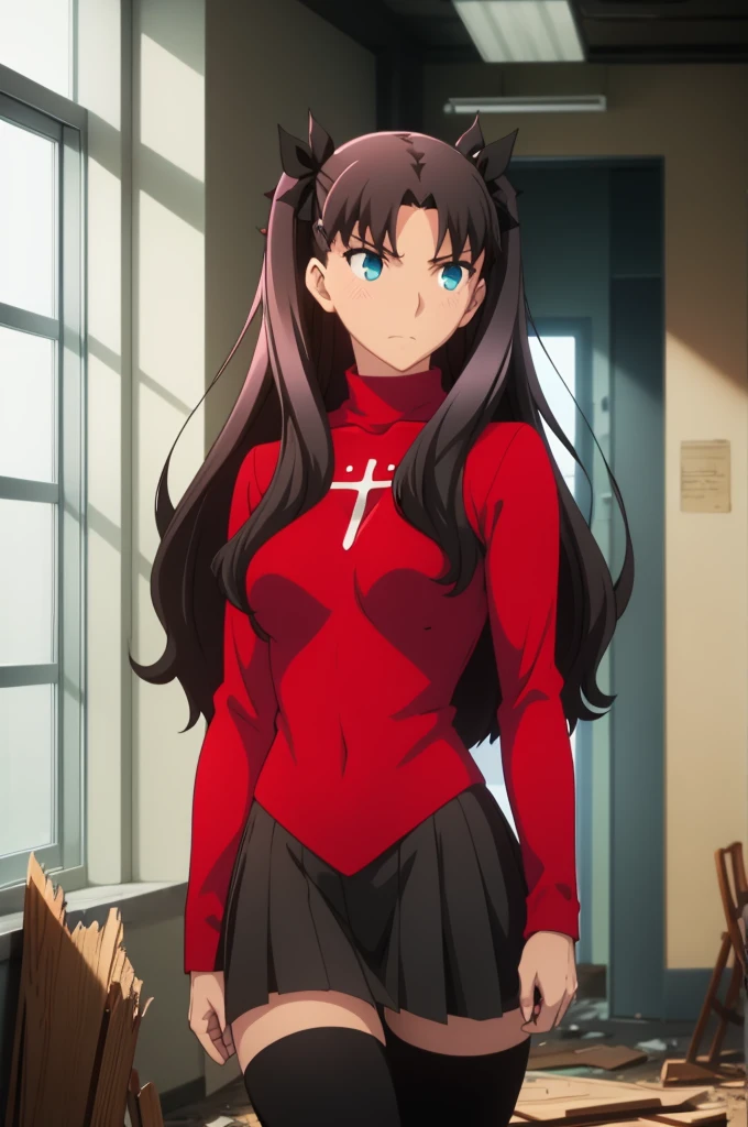 Tohsaka Rin, Volumetric Lighting, Best Shadows, Shallow Depth of Field, Portrait Of Stunningly Beautiful Girl, Delicate Beautiful Attractive Face With Alluring Sharp Blue Eyes, Sharp Eyebrows, Enjoying The Scenery, Soft Smile, Closed Mouth, Lovely Medium Breasts, Layered Long Black Two-Side Up Hair, Hair Ribbon, Blush Eyeshadow, Thick Eyelashes, Cross On The Red Turtleneck Shirt, Slim Waist, Black Short Pleated Skirt, Thigh Gap, Black Thigh-High Stockings, Late Afternoon, Sunlight Shining Through Window, Floating Dust Particles, Hallway In An Abandoned School, Pile of Debris Desks And Broken Chair, Looking Out At Window, Standing, (Highest Quality, Amazing Details:1.25), (Solo:1.3), Brilliant Colorful Paintings