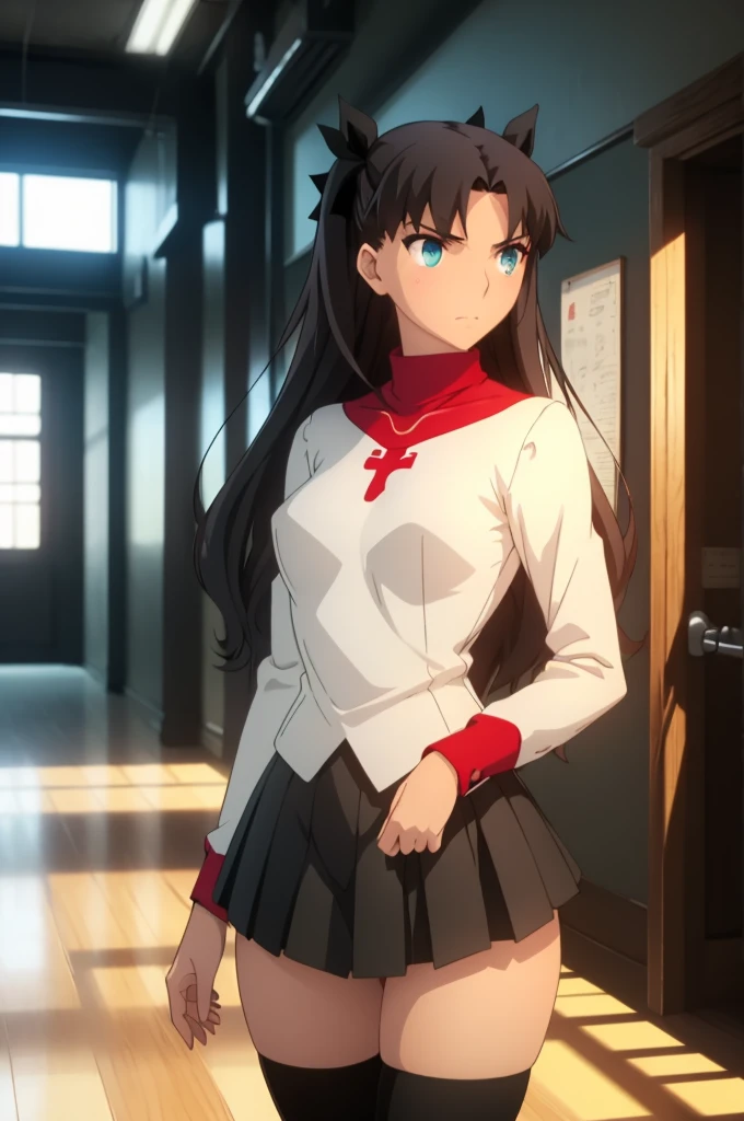 Tohsaka Rin, Volumetric Lighting, Best Shadows, Shallow Depth of Field, Portrait Of Stunningly Beautiful Girl, Delicate Beautiful Attractive Face With Alluring Sharp Blue Eyes, Sharp Eyebrows, Enjoying The Scenery, Soft Smile, Closed Mouth, Lovely Medium Breasts, Layered Long Black Two-Side Up Hair, Hair Ribbon, Blush Eyeshadow, Thick Eyelashes, Cross On The Red Turtleneck Shirt, Slim Waist, Black Short Pleated Skirt, Thigh Gap, Black Thigh-High Stockings, Late Afternoon, Sunlight Shining Through Window, Floating Dust Particles, Hallway In An Abandoned School, Pile of Debris Desks And Broken Chair, Looking Out At Window, Standing, (Highest Quality, Amazing Details:1.25), (Solo:1.3), Brilliant Colorful Paintings