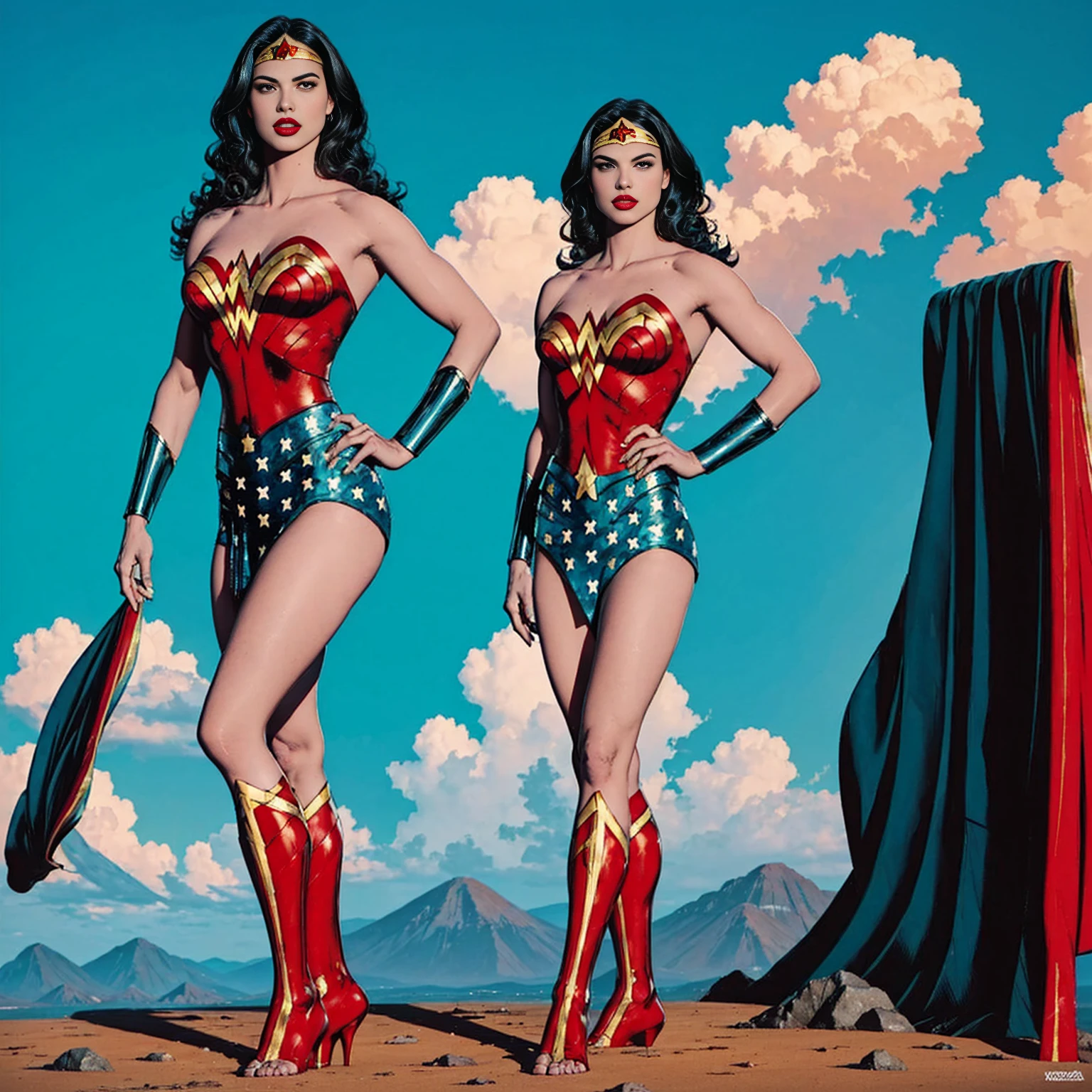 ((full body photo, standing, feet on the ground)) (Adriana Lima :1.1) Red lips, green eyes, ((full body photo, standing, feet on the ground)) Wonder Woman stands imposingly in a city from Themyscira. The scenery is lush. The camera details everything, a warrior woman, cover with stars .