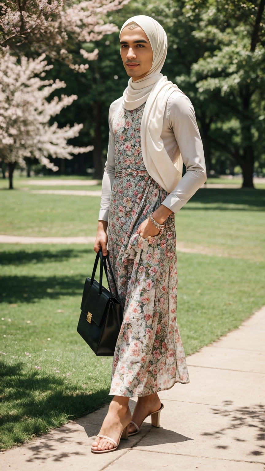 A thin and delicate man with detailed masculine face features and cute face wearing a perfect hijab, no hair seen, floral maxi dress, heels, and holding a hand bag. He is standing in the park with cute expression and pose.