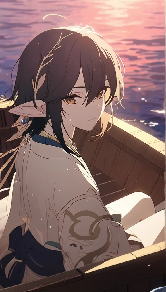 1boy, elven ears, sea god, wet black hair, cute short hairstyle, glowing brown eyes, sea, sat in boat, elegant thai clothes,