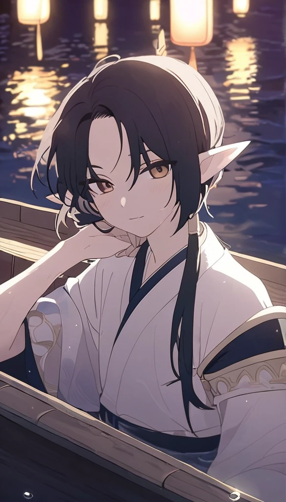1boy, elven ears, sea god, wet black hair, cute short hairstyle, glowing brown eyes, sea, sat in boat, elegant thai clothes,