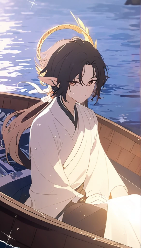 1boy, elven ears, sea god, wet black hair, cute short hairstyle, glowing brown eyes, sea, sat in boat, elegant thai clothes,